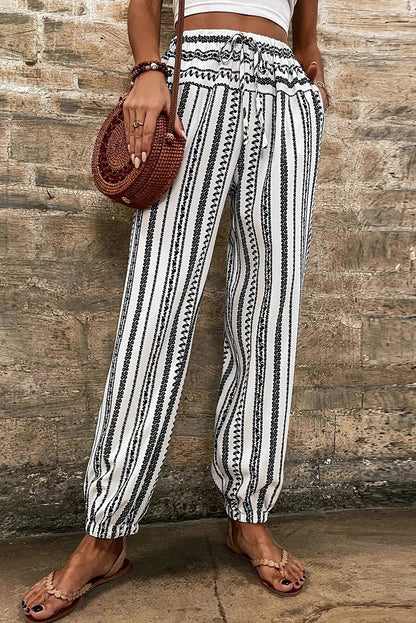 Black Stripe Geometric Print Drawstring Cuff Pants