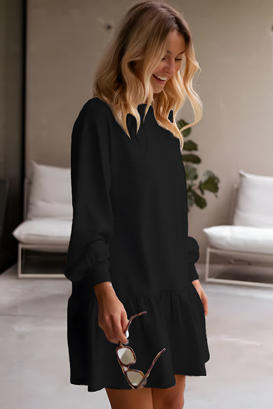 Black Solid Color Ruffle Hem Mini Sweatshirt Dress