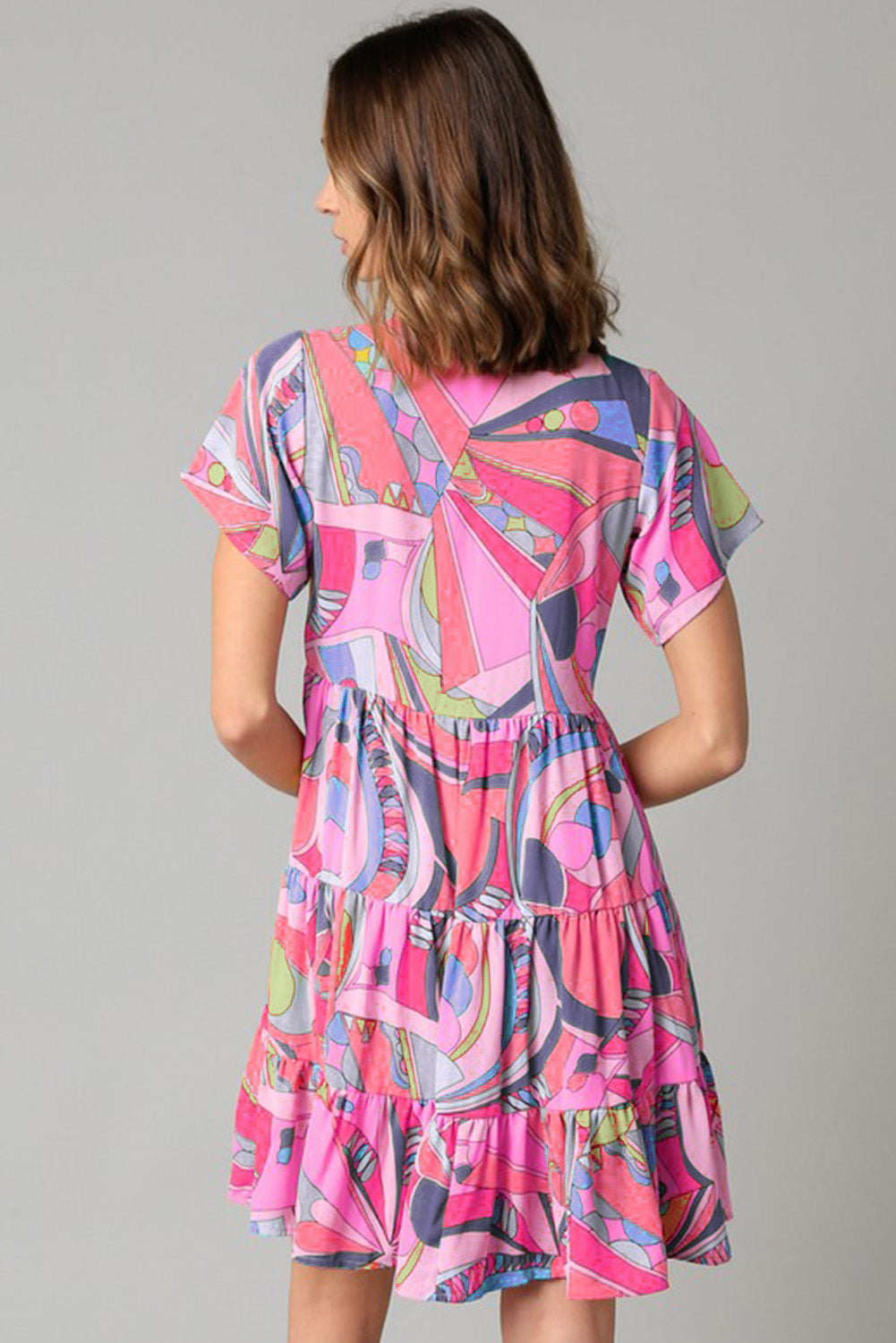 Pink Abstract Print Split V Neck Short Sleeve Tiered Dress