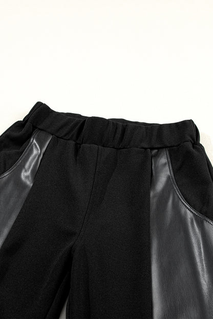 Black Leather Panel Splicing High Waist Leggings