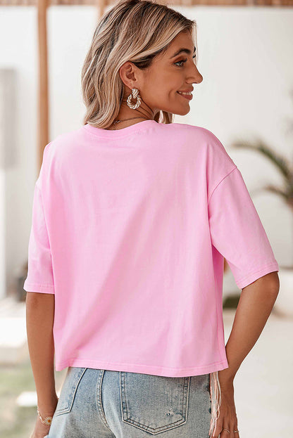 Pink Casual Fringe Sequin Hem Cropped T Shirt