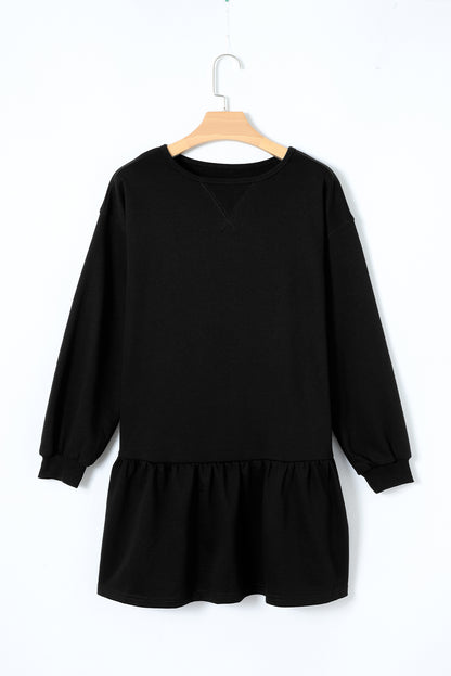 Black Solid Color Ruffle Hem Mini Sweatshirt Dress