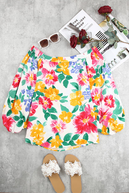 Watercolor Bohemian Flower Print Off Shoulder Blouse