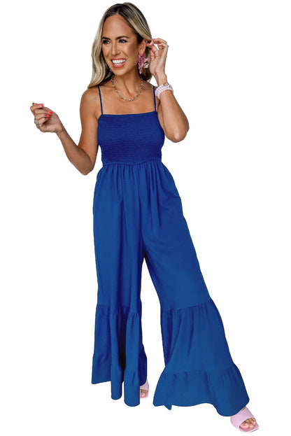 Navy Blue Spaghetti Straps Smocked Ruffled Wide Leg Jumpsuit