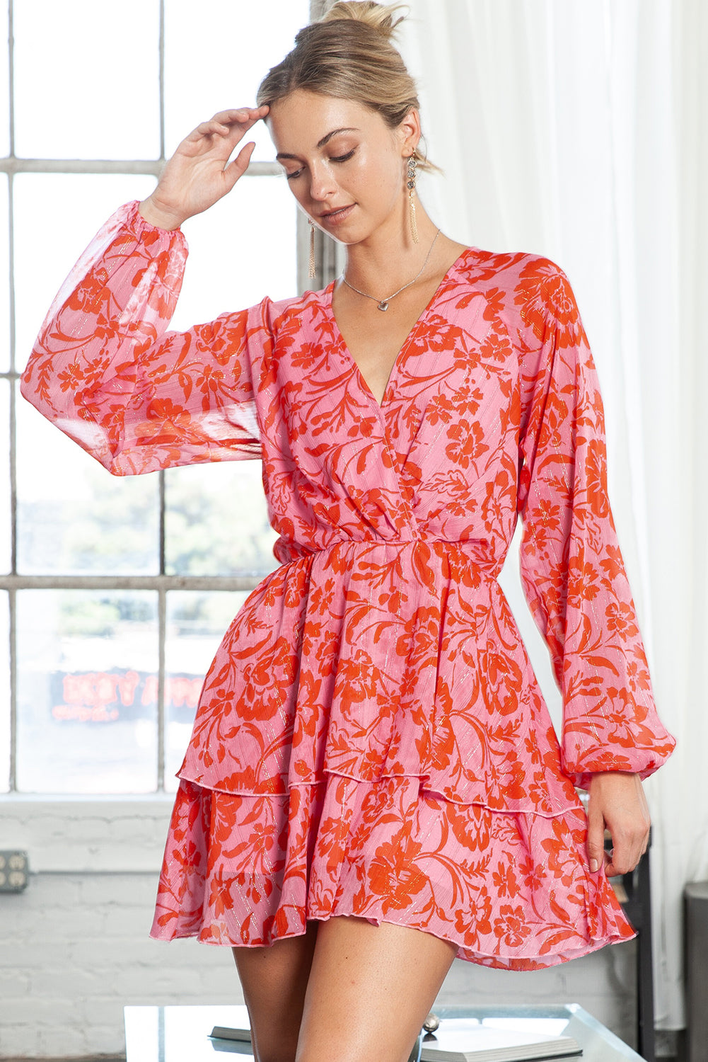 Red Floral Print Wrap V Neck Long Sleeve Boho Dress