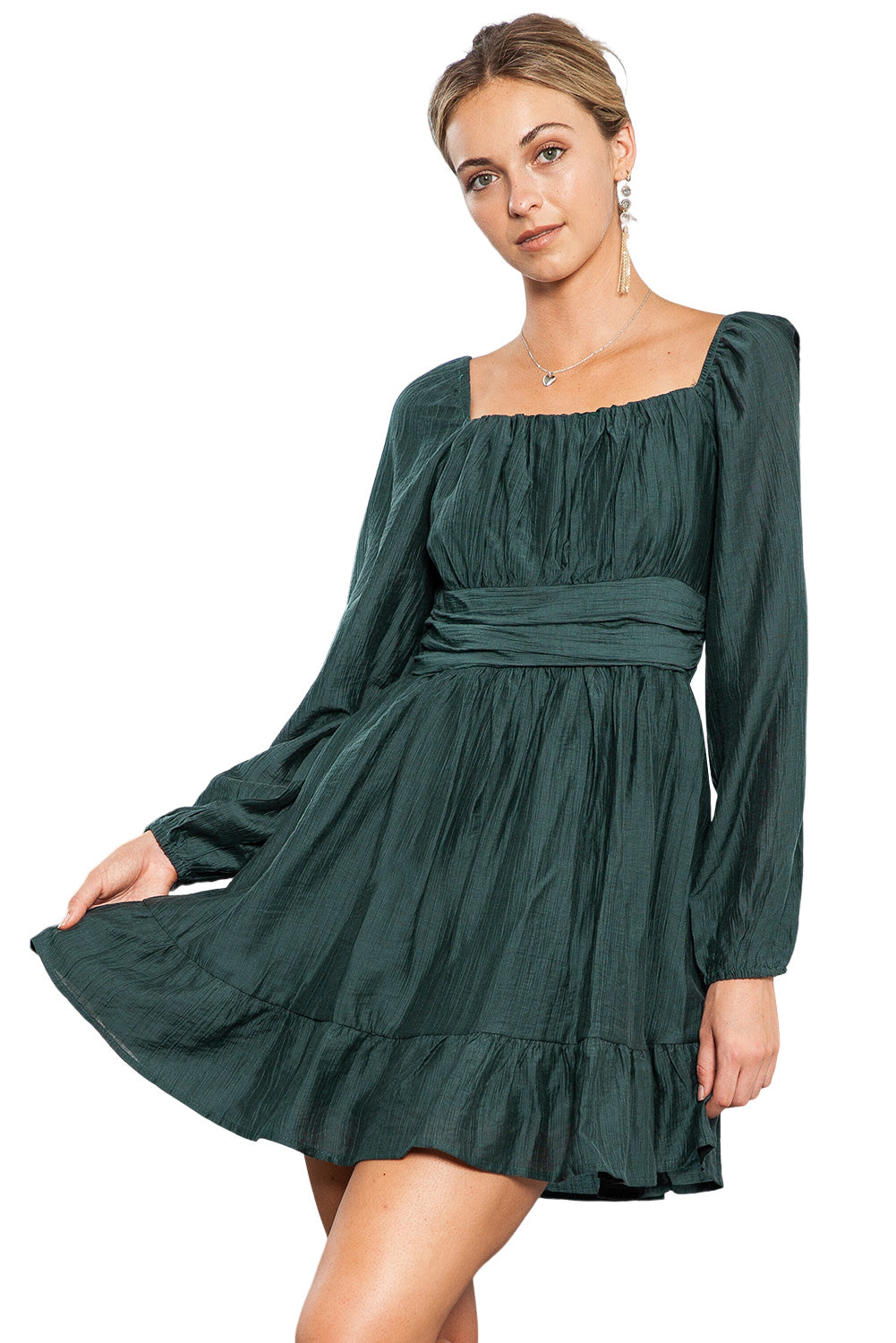 Green Solid Color Flounce Hem A -Line Square Neck Dress