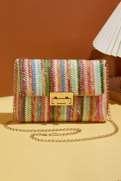 Camel Woven Striped Flapped Single Shoulder Bag