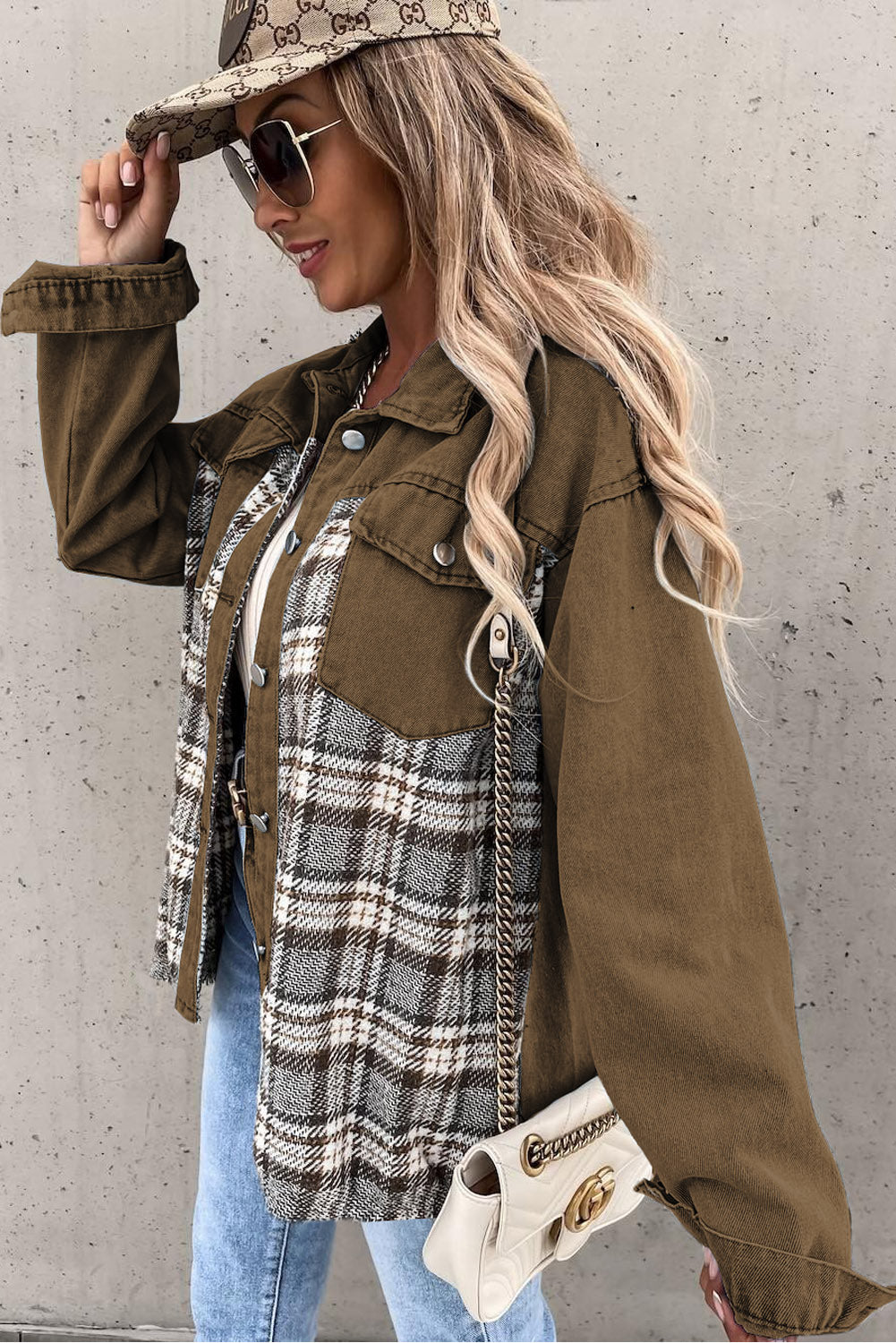 Sky Blue Plaid Patchwork Pockets Denim Jacket