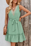 Smoke Green Lace Contrast V Neck Belted Sleeveless Short Dress