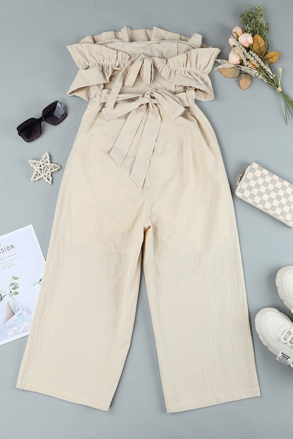 Beige Elegant Ruffled Strapless Wide Leg Jumpsuit