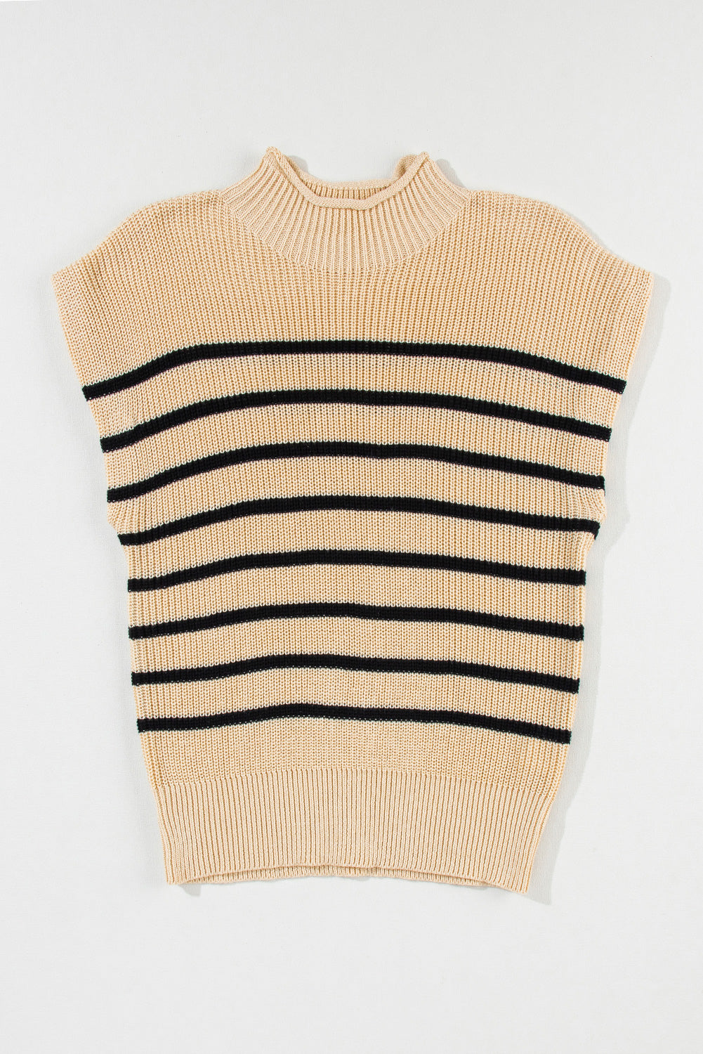 Parchment Striped Knit Mock Neck Short Sleeve Sweater