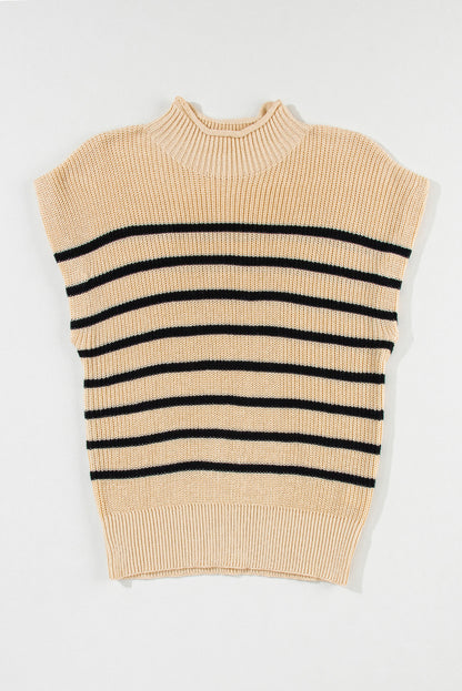 Parchment Striped Knit Mock Neck Short Sleeve Sweater