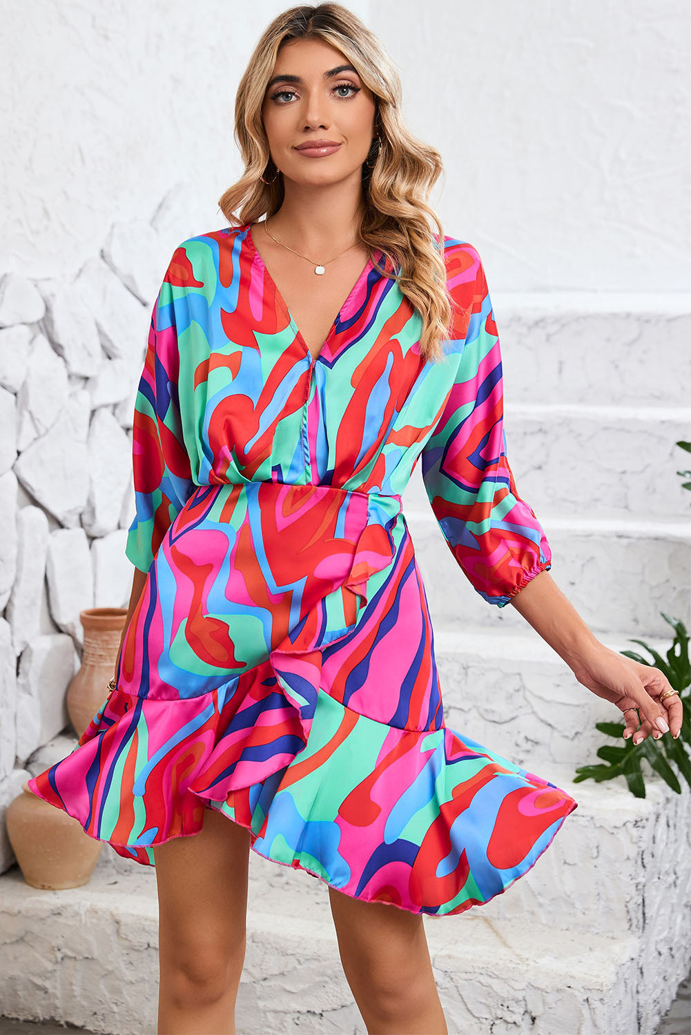 Wholesale Multicolor Abstract Printed V Neck Dolman Sleeve Ruffle Wrap Dress