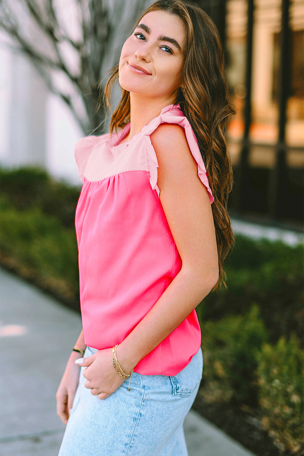 Orange Colorblock Splicing Pleated Ruffle Trim Blouse