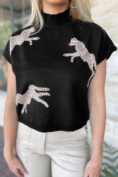 Wholesale Apricot Cheetah Pattern Mock Neck Short Sleeve Sweater