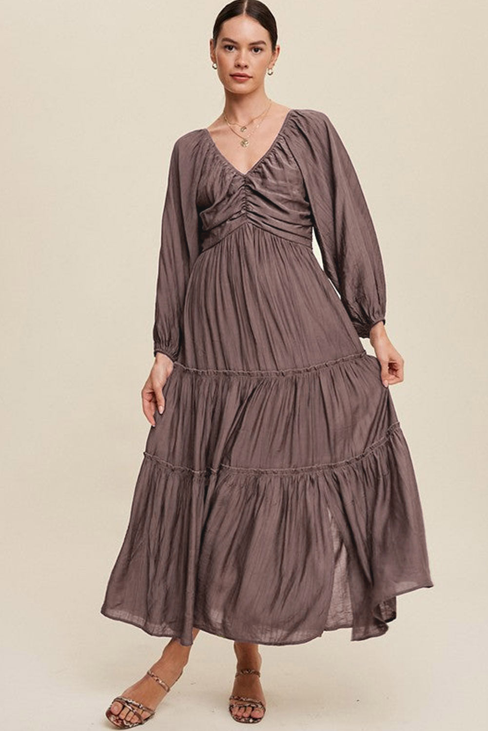 Brown V Neck Bowknot Cutout Frill Tiered Maxi Dress