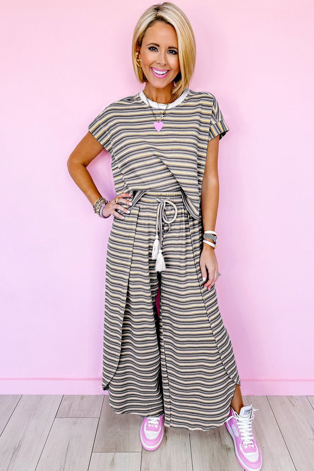 Yellow Stripe Rainbow Tee and Tassel Drawstring Wide Leg Pants Set