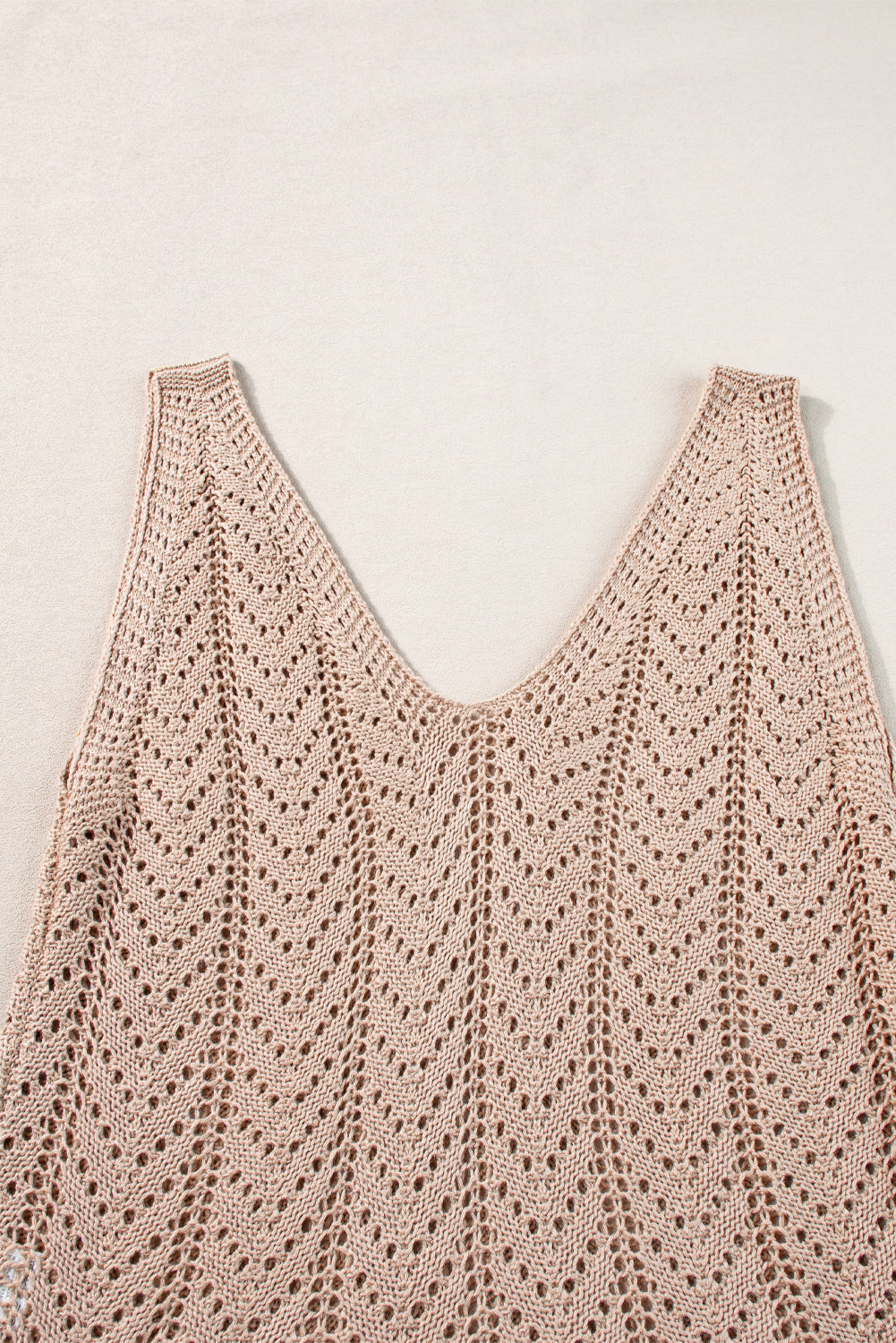 Pale Khaki Scalloped Hem V Neck Crochet Knit Tank Top