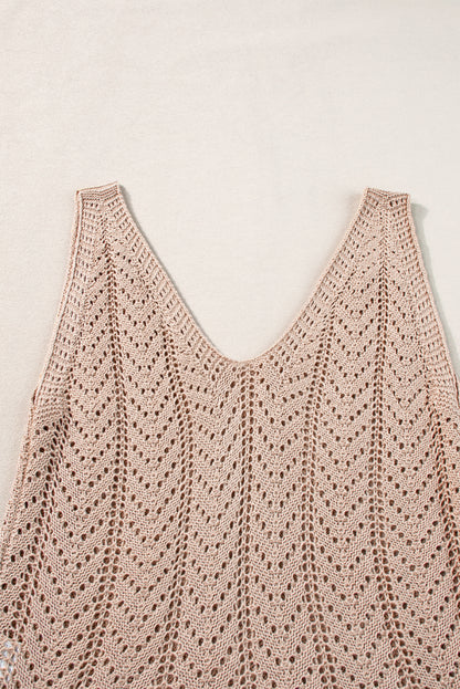 Pale Khaki Scalloped Hem V Neck Crochet Knit Tank Top