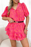 Rose Abstract Print Puff Sleeve Layered Ruffle Mini Dress