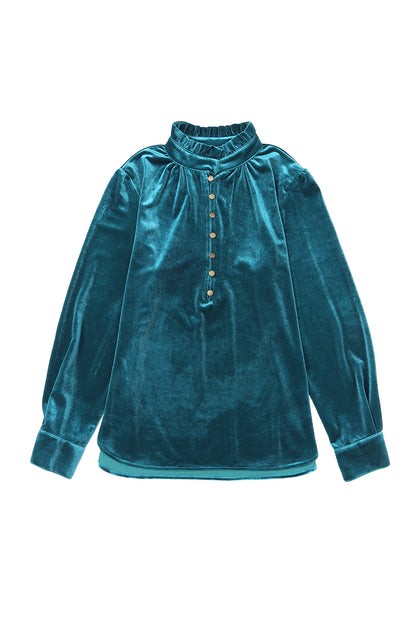 Blackish Green Frilled Neck Buttoned Front Velvet Top