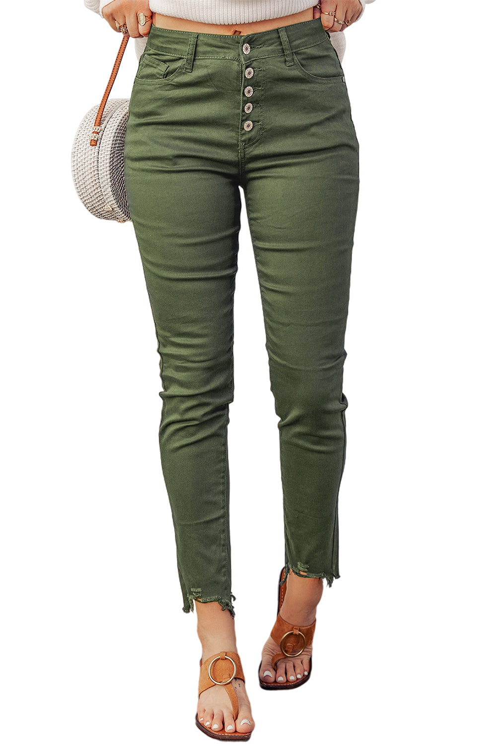 Green Frayed Raw Hem High Waist Denim Jeans