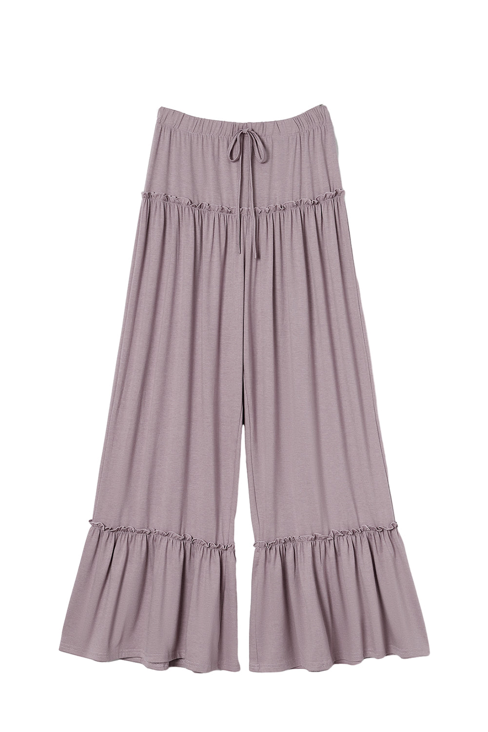 Khaki Frill Detail Drawstring High Waist Wide Leg Pants