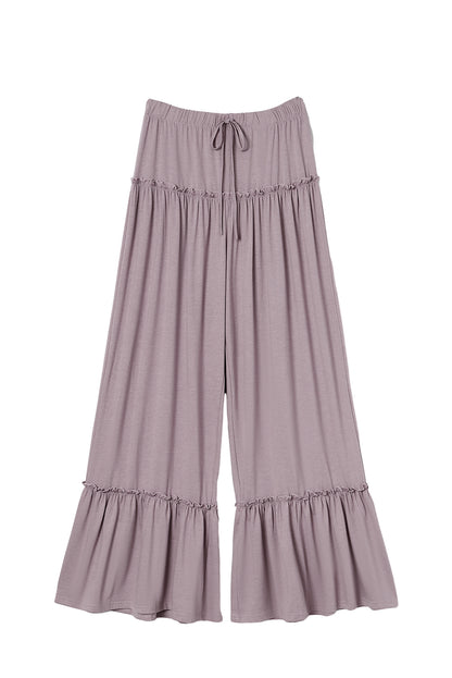 Khaki Frill Detail Drawstring High Waist Wide Leg Pants