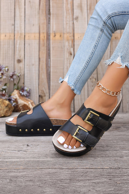 Black Dual Buckle Studded Platform Slides Shoes