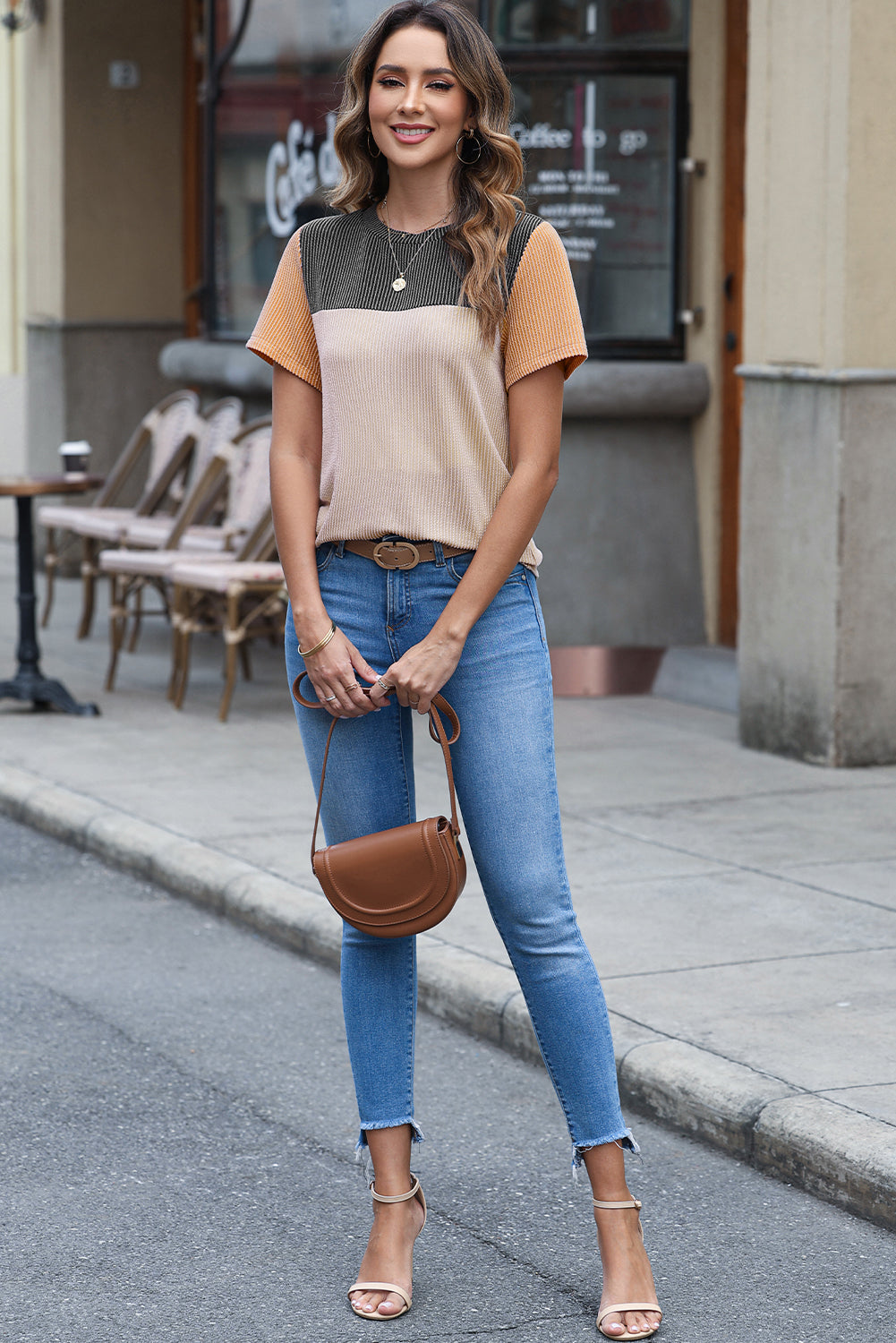 Light Blue Rib Textured Colorblock Round Neck T Shirt