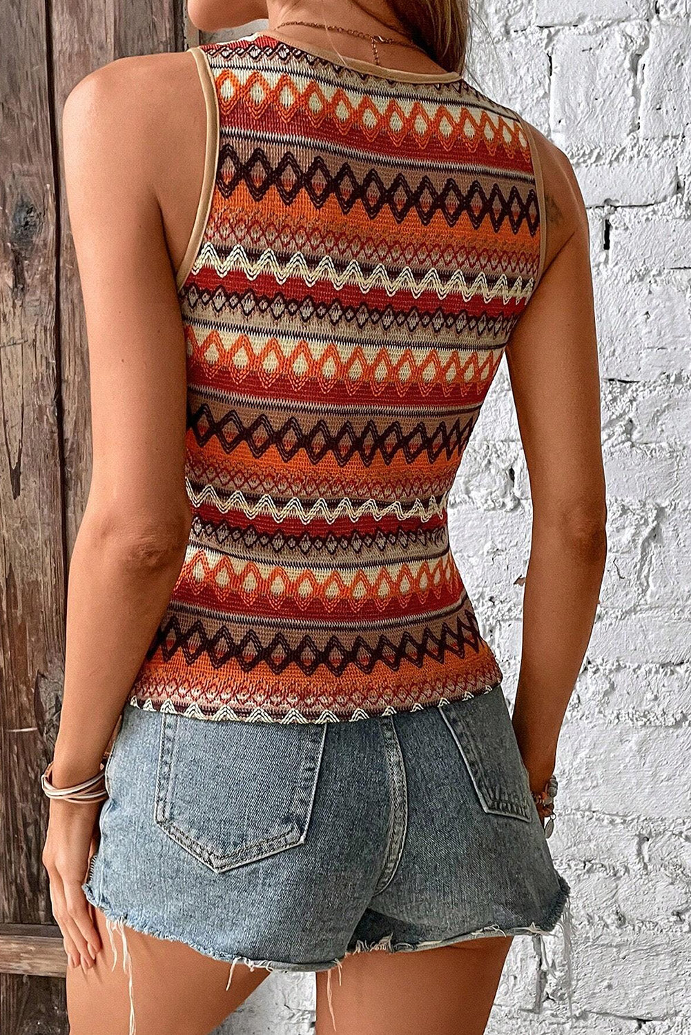 Orange Boho Geometric Striped Knitted Tank Top