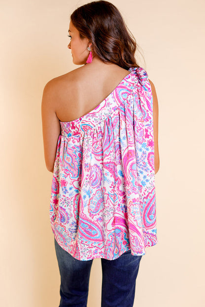 Multicolour Paisley Print Knot Asymmetric Shoulder Sleeveless Shirt