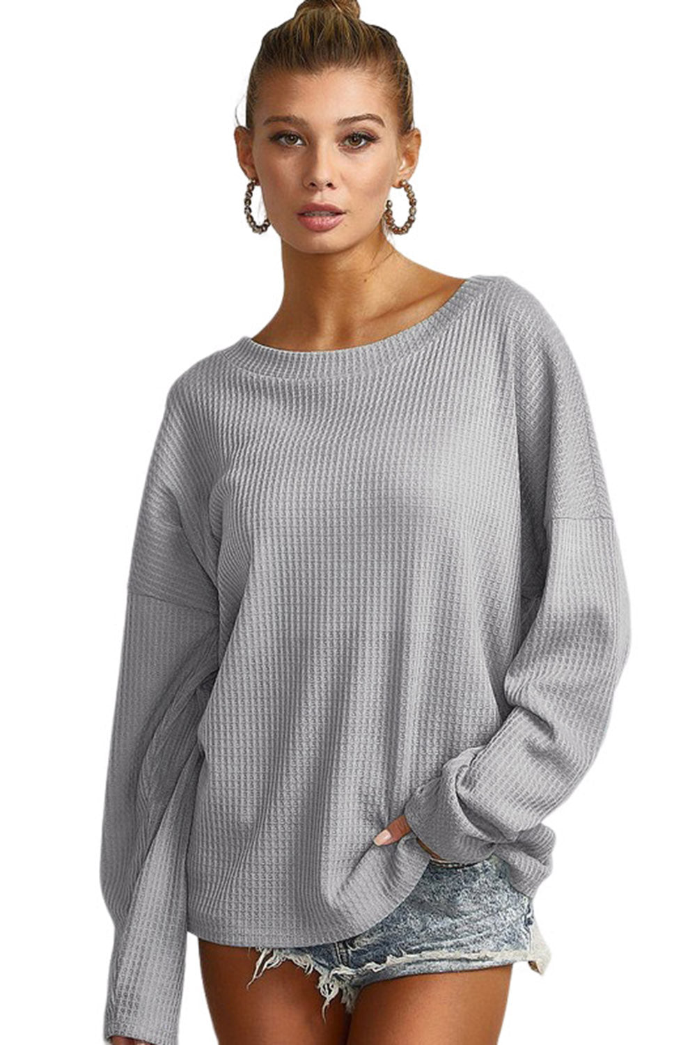 Grey Waffle Knit Cinched Backless Drop Shoulder Long Sleeve Top