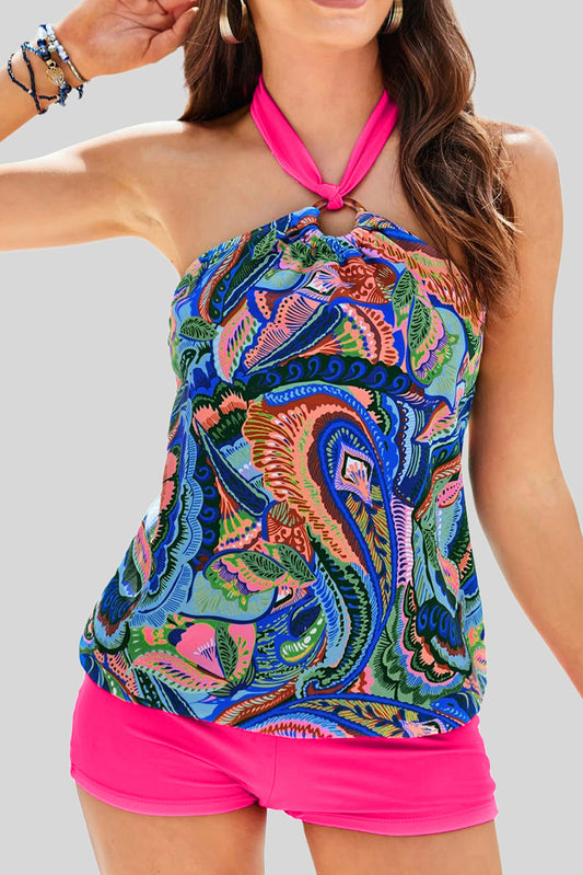 Green Tropical Print Halter Tankini Set