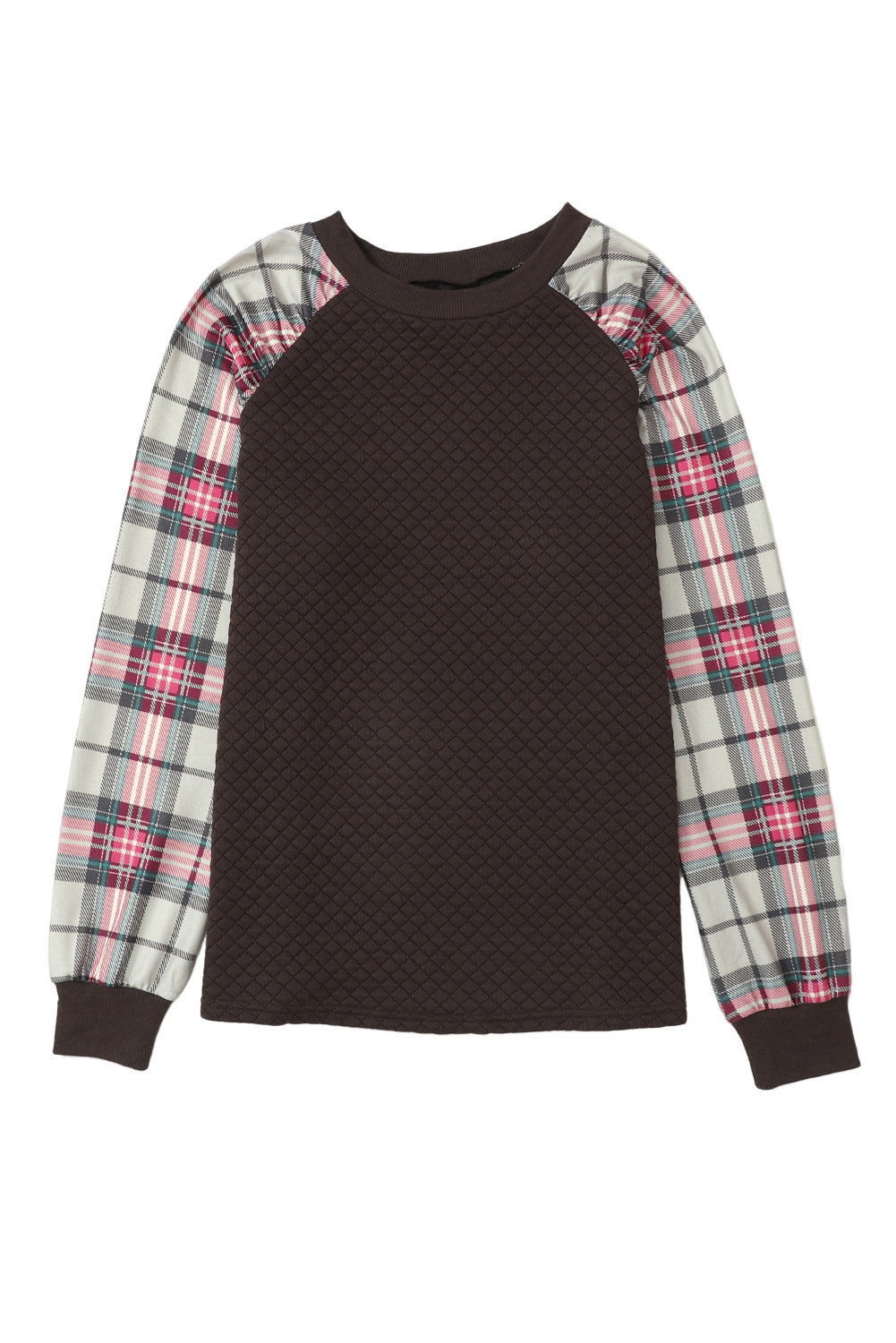 Brown Plaid Print Waffle Quilted Raglan Sleeve Sweatshirt