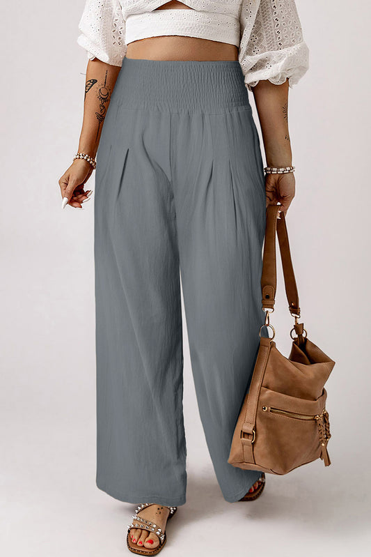 Khaki Smocked Wide Waistband High Waist Wide Leg Pants