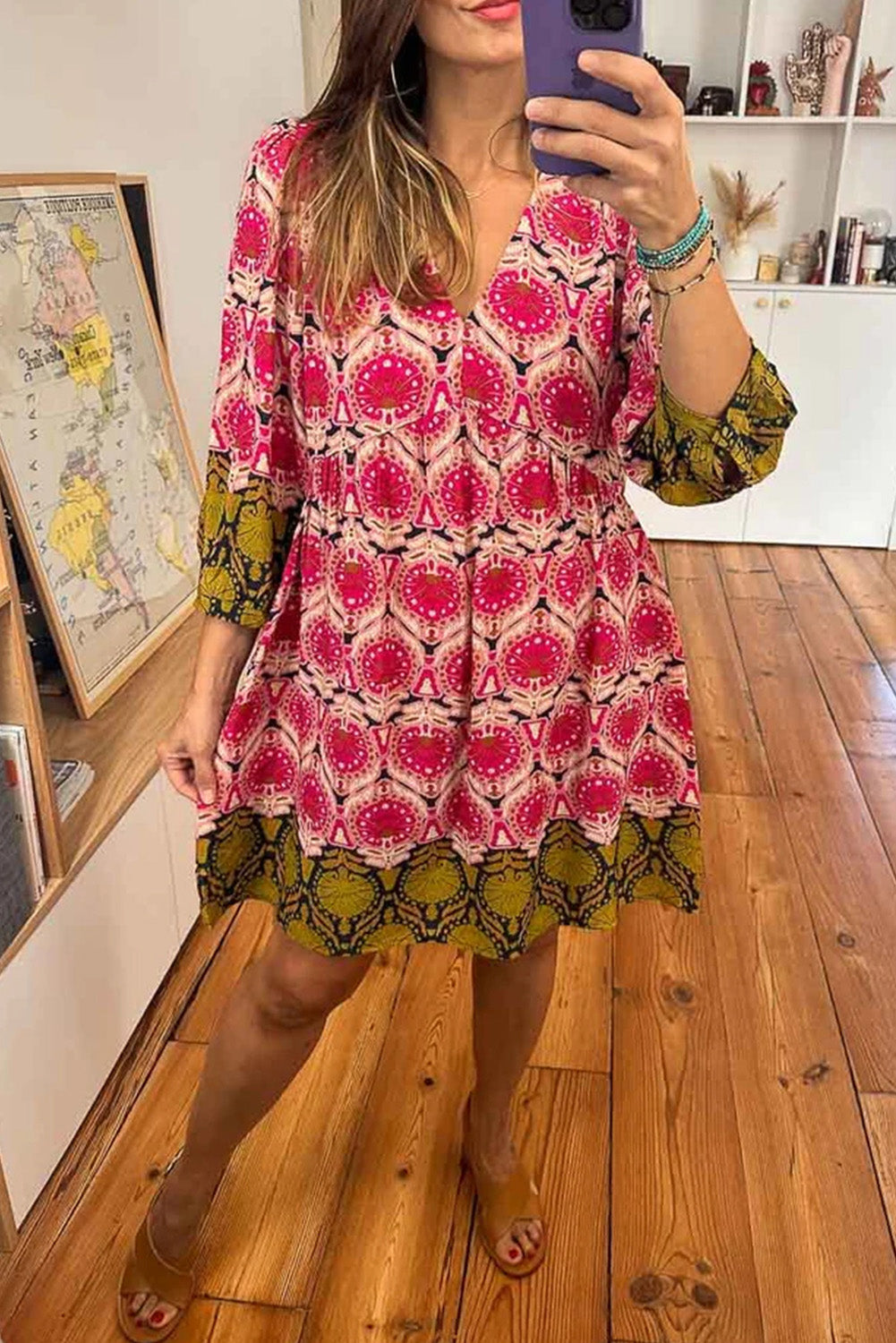 Strawberry Pink Abstract Print Color Block V Neck Mini Dress