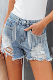 Sky Blue Rhinestone Tassel Casual Distressed Denim Shorts