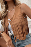 Camel Fringed Snap Button Front Cropped Suedette Vest