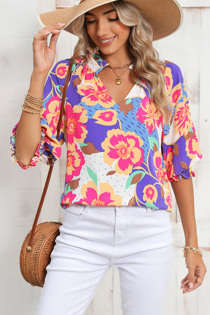 Rose Red Floral Frilled Split Neck Bubble Sleeve Blouse